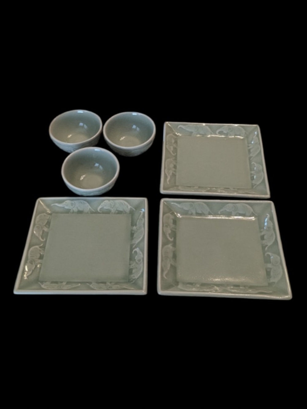 VTG World Market Celadon Crackle Elephant Collection 3 Small Dishes & 3 Bowls